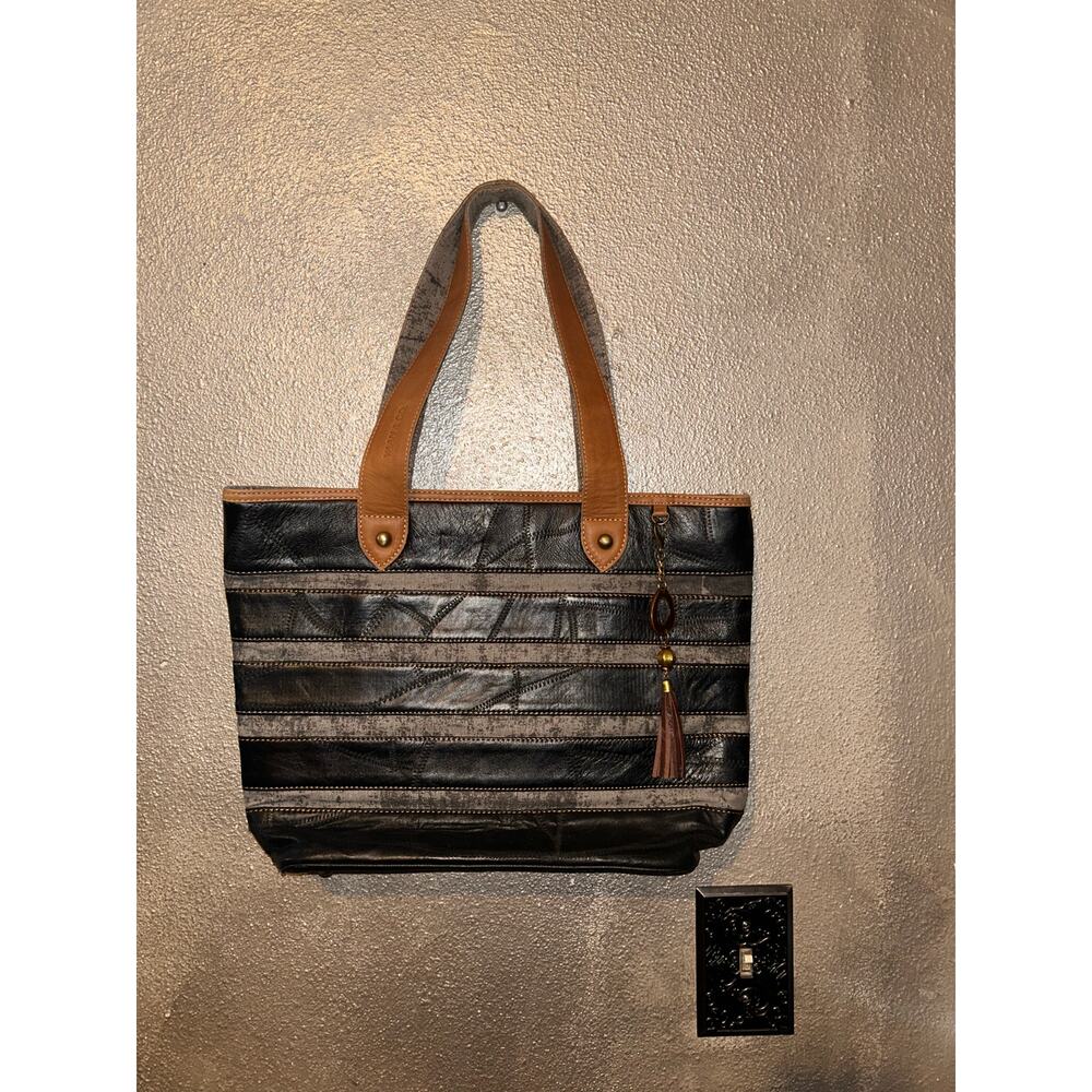 Vaan & Co Inde UpCycled Leather Festival Studios Black Gray  Canvas Stripe Tote